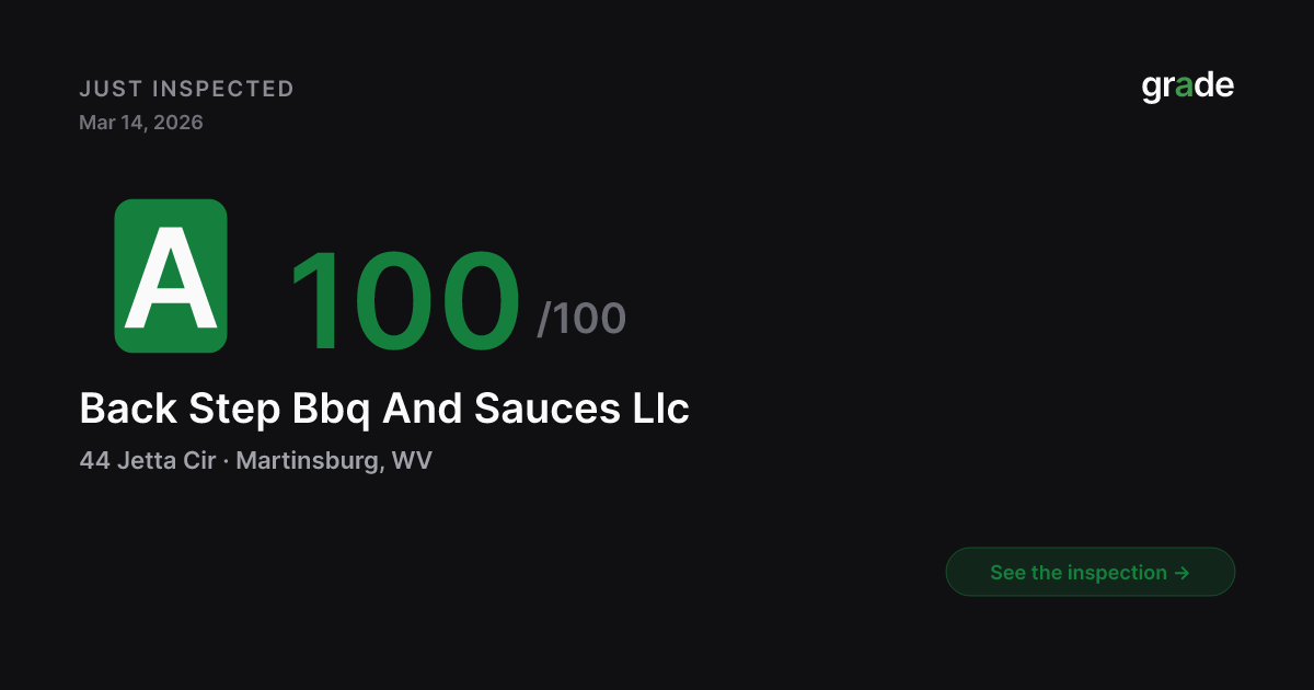 Back Step Bbq And Sauces Llc health score — Martinsburg, WV | grade.food