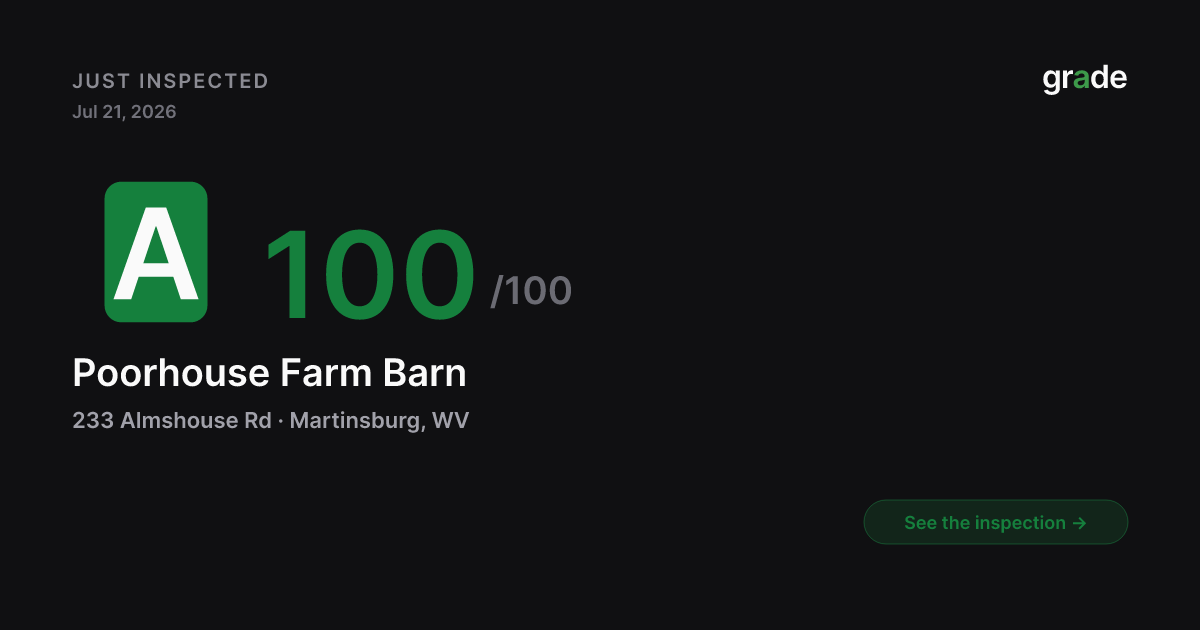 Poorhouse Farm Barn health score — Martinsburg, WV | grade.food