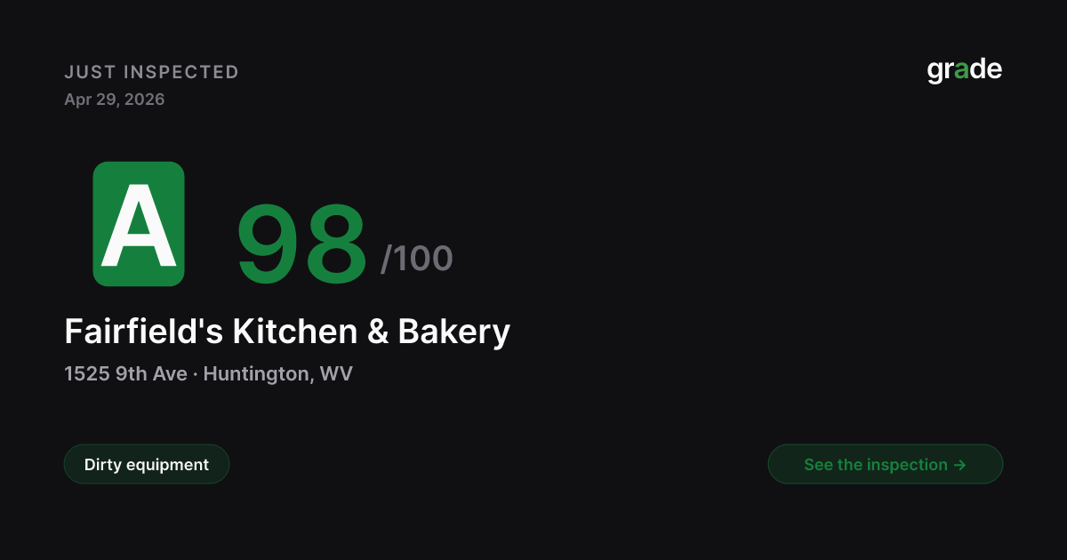 Fairfield's Kitchen & Bakery health score — Huntington, WV | grade.food
