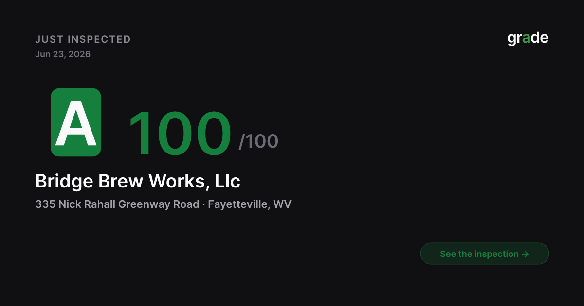 Bridge Brew Works, Llc health score — Fayetteville, WV | grade.food