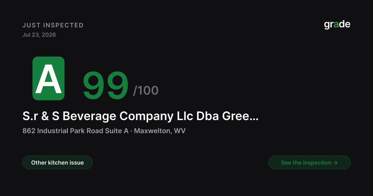 S.r & S Beverage Company Llc Dba Greenbrier Valley Brewing Company health score — Maxwelton, WV | grade.food