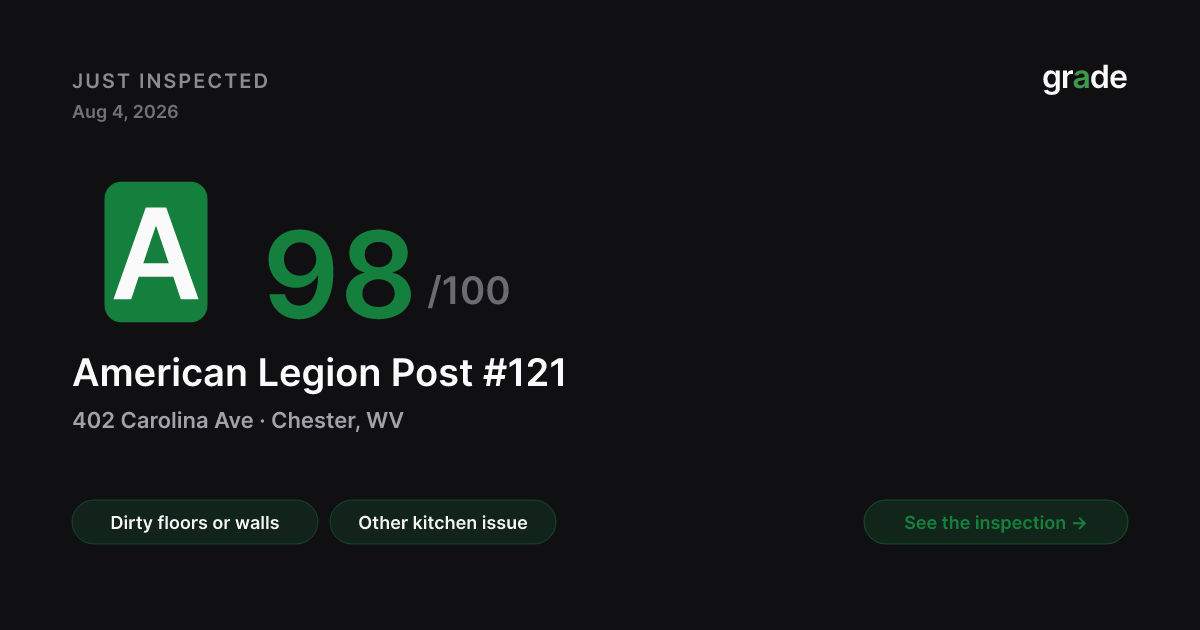 American Legion Post #121 health score — Chester, WV | grade.food