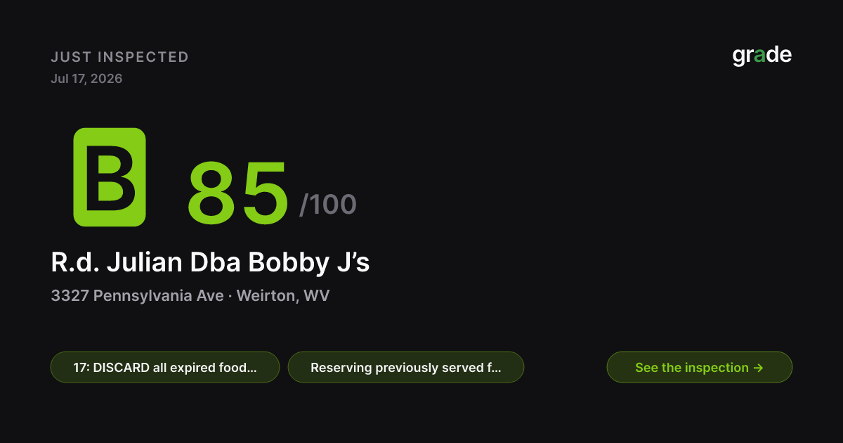R.d. Julian Dba Bobby J’s health score — Weirton, WV | grade.food