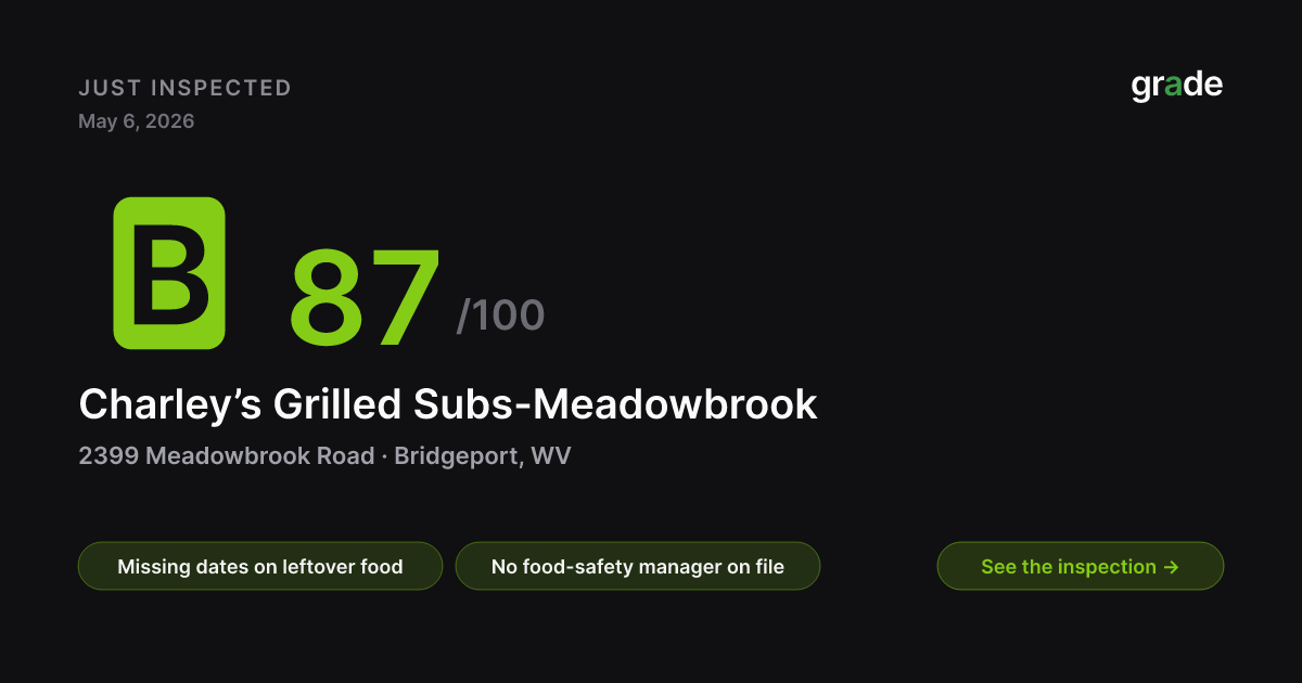 Charley’s Grilled Subs-Meadowbrook health score — Bridgeport, WV | grade.food