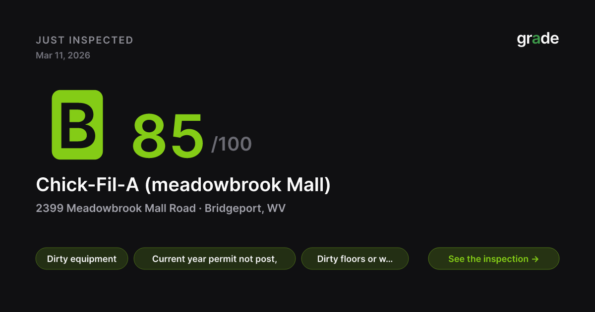 Chick-Fil-A (meadowbrook Mall) health score — Bridgeport, WV | grade.food
