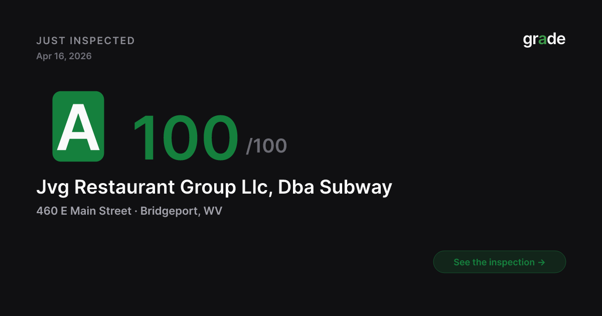 Jvg Restaurant Group Llc, Dba Subway health score — Bridgeport, WV | grade.food