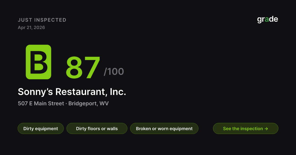Sonny’s Restaurant, Inc. health score — Bridgeport, WV | grade.food