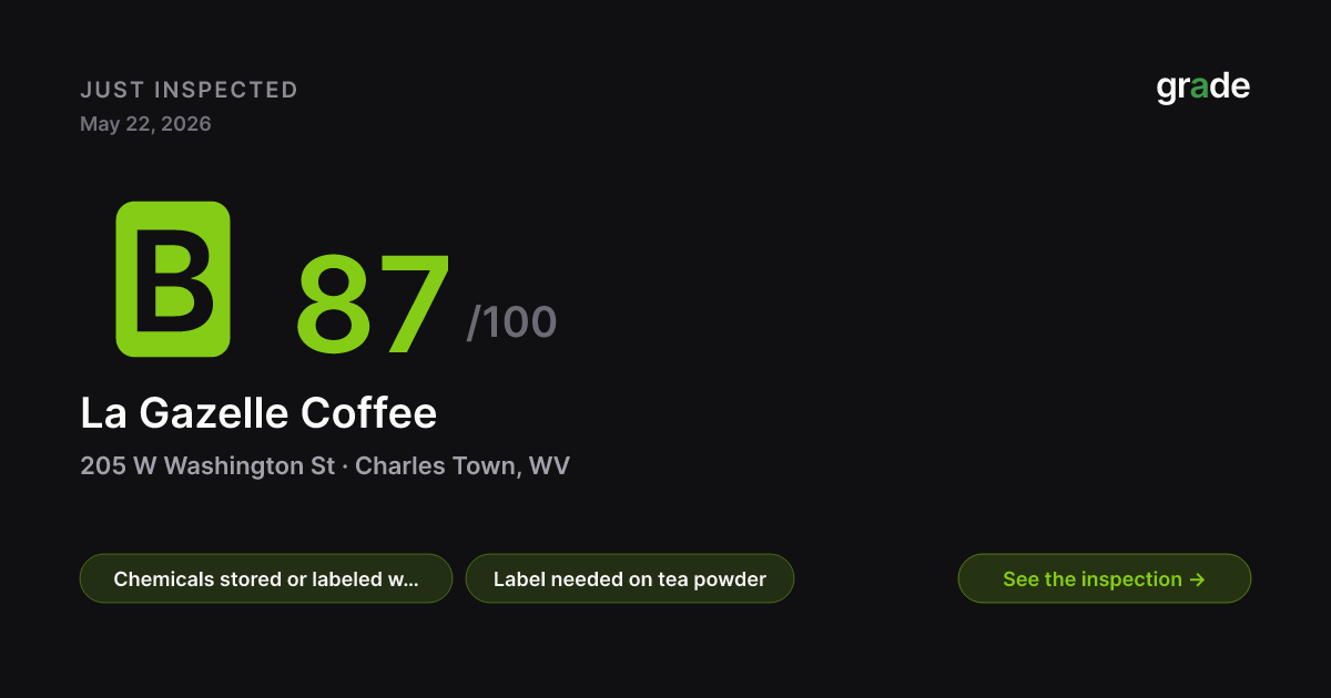 La Gazelle Coffee health score — Charles Town, WV | grade.food