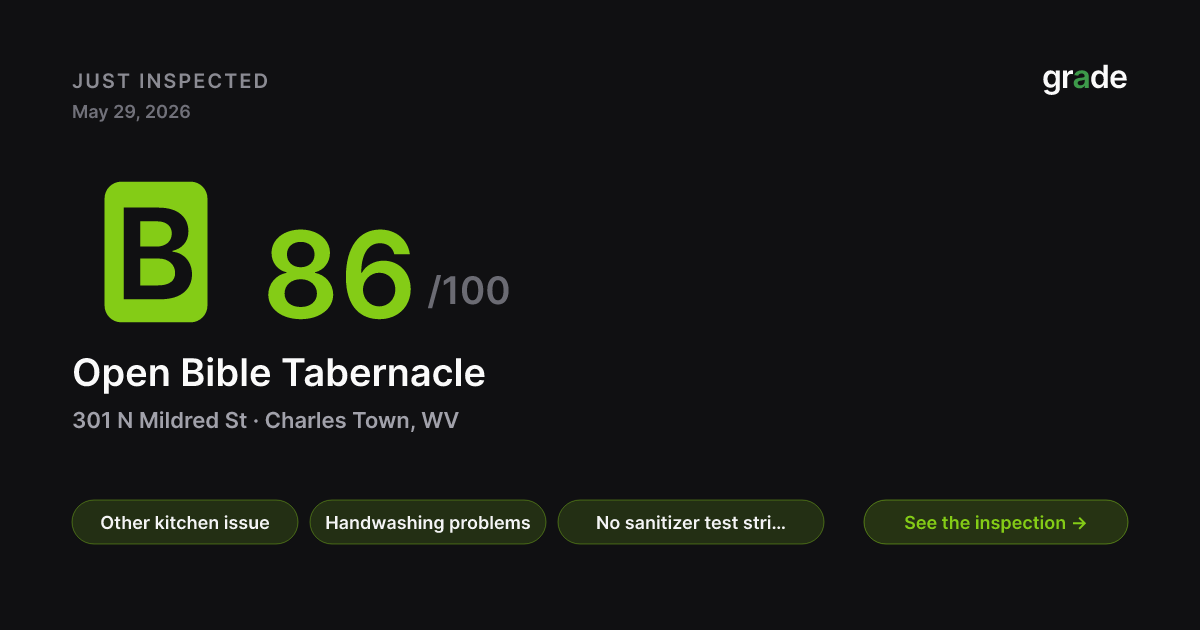Open Bible Tabernacle health score — Charles Town, WV | grade.food