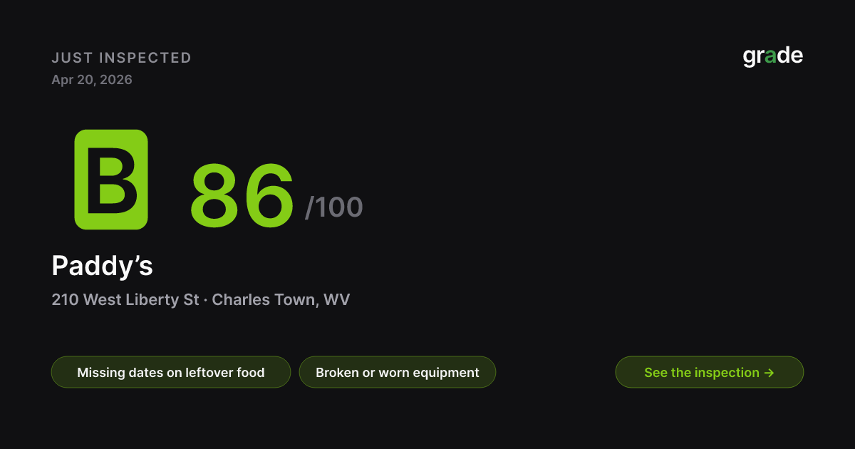 Paddy’s health score — Charles Town, WV | grade.food