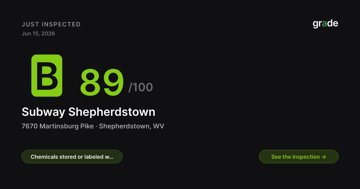 Subway Shepherdstown health score — Shepherdstown, WV | grade.food