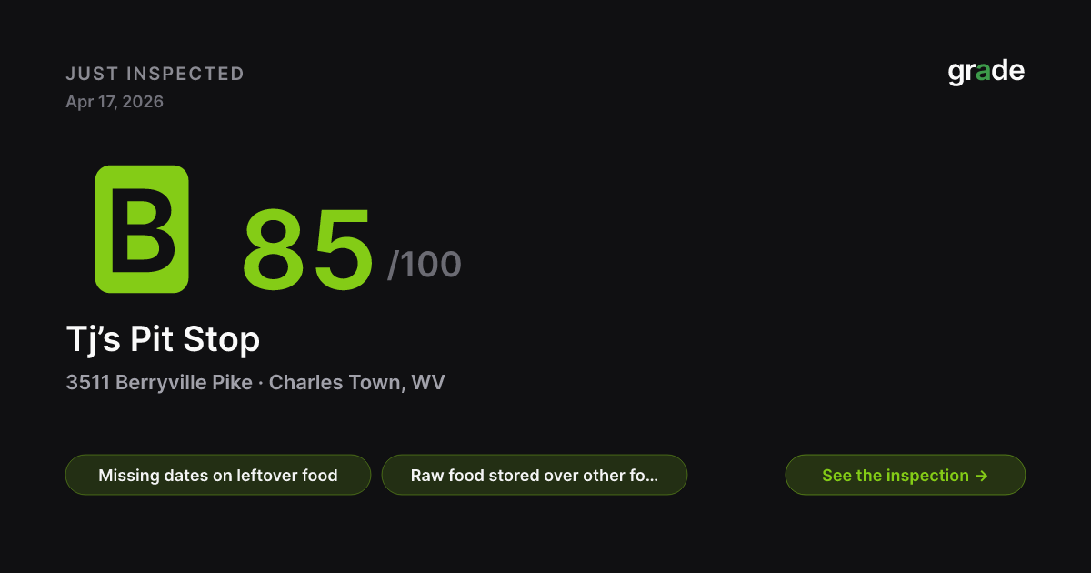 Tj’s Pit Stop health score — Charles Town, WV | grade.food