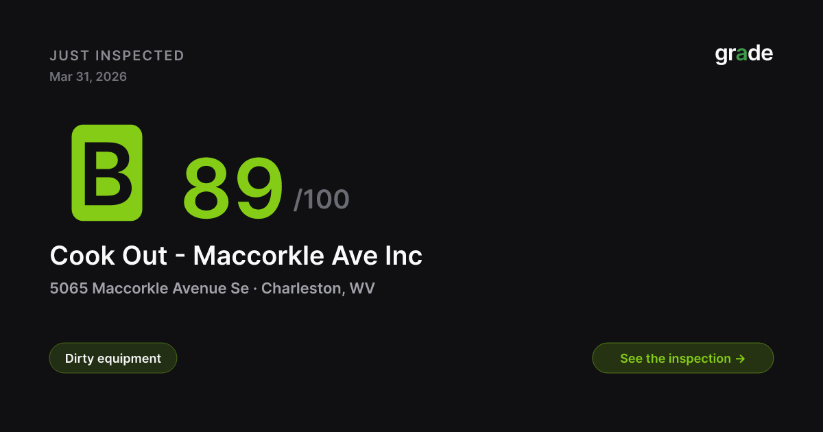 Cook Out - Maccorkle Ave Inc health score — Charleston, WV | grade.food
