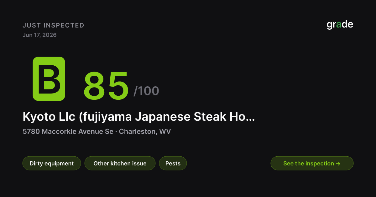Kyoto Llc (fujiyama Japanese Steak House) health score — Charleston, WV | grade.food