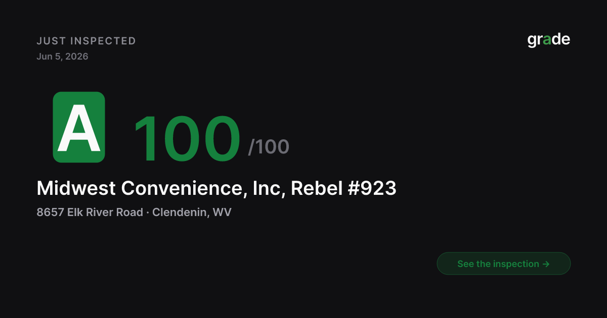 Midwest Convenience, Inc, Rebel #923 health score — Clendenin, WV | grade.food