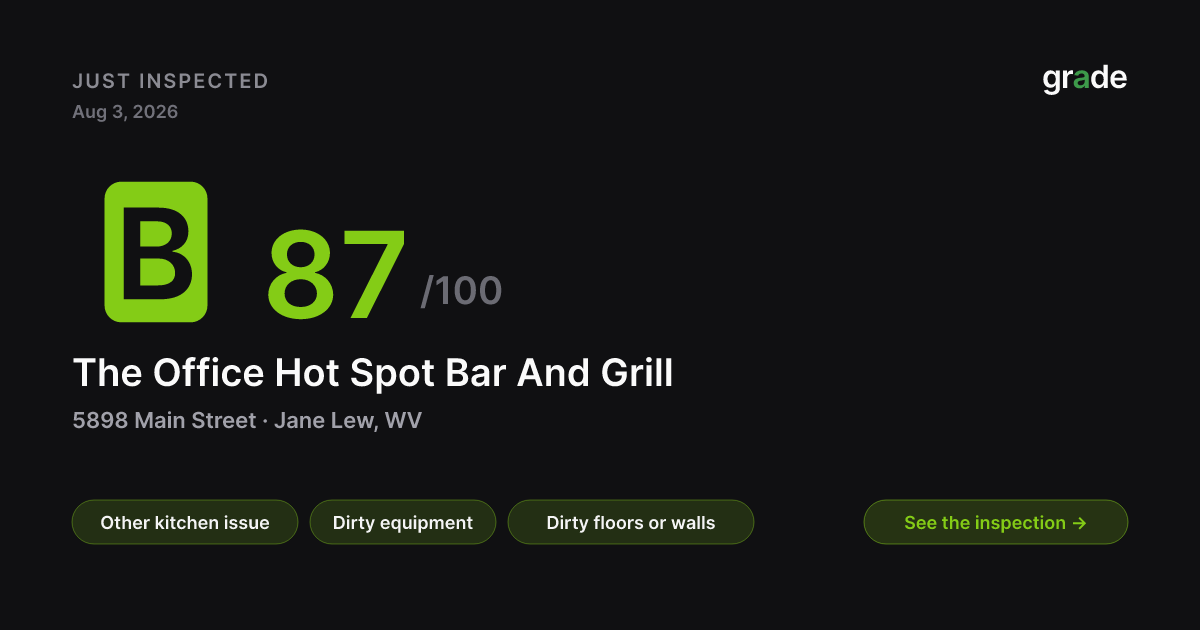 The Office Hot Spot Bar And Grill health score — Jane Lew, WV | grade.food