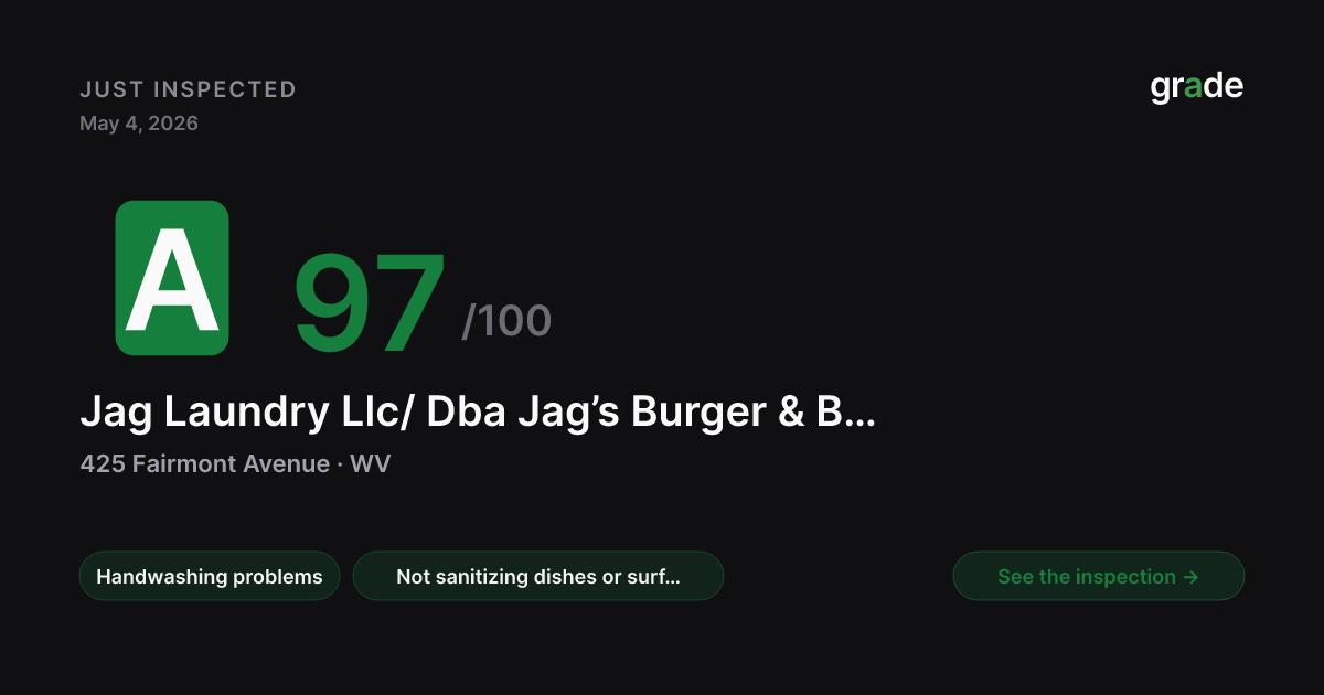 Jag Laundry Llc/ Dba Jag’s Burger & Beer Bowery health score — Fairmont, WV | grade.food