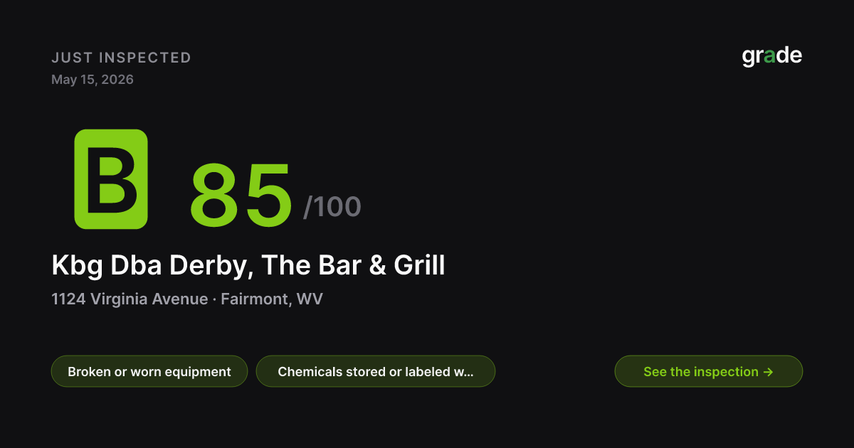 Kbg Dba Derby, The Bar & Grill health score — Fairmont, WV | grade.food