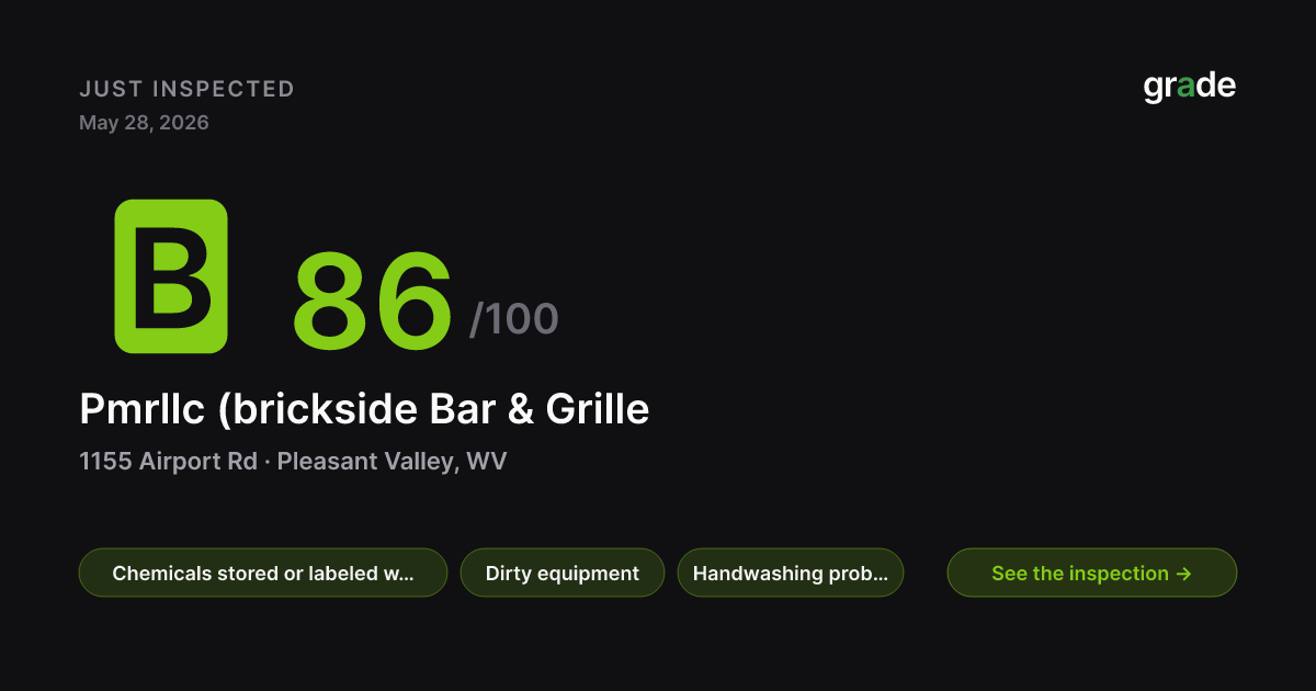 Pmrllc (brickside Bar & Grille health score — Pleasant Valley, WV | grade.food