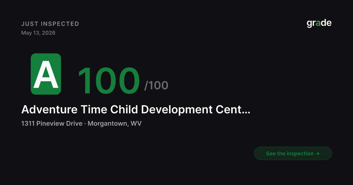Adventure Time Child Development Center, Llc health score — Morgantown, WV | grade.food
