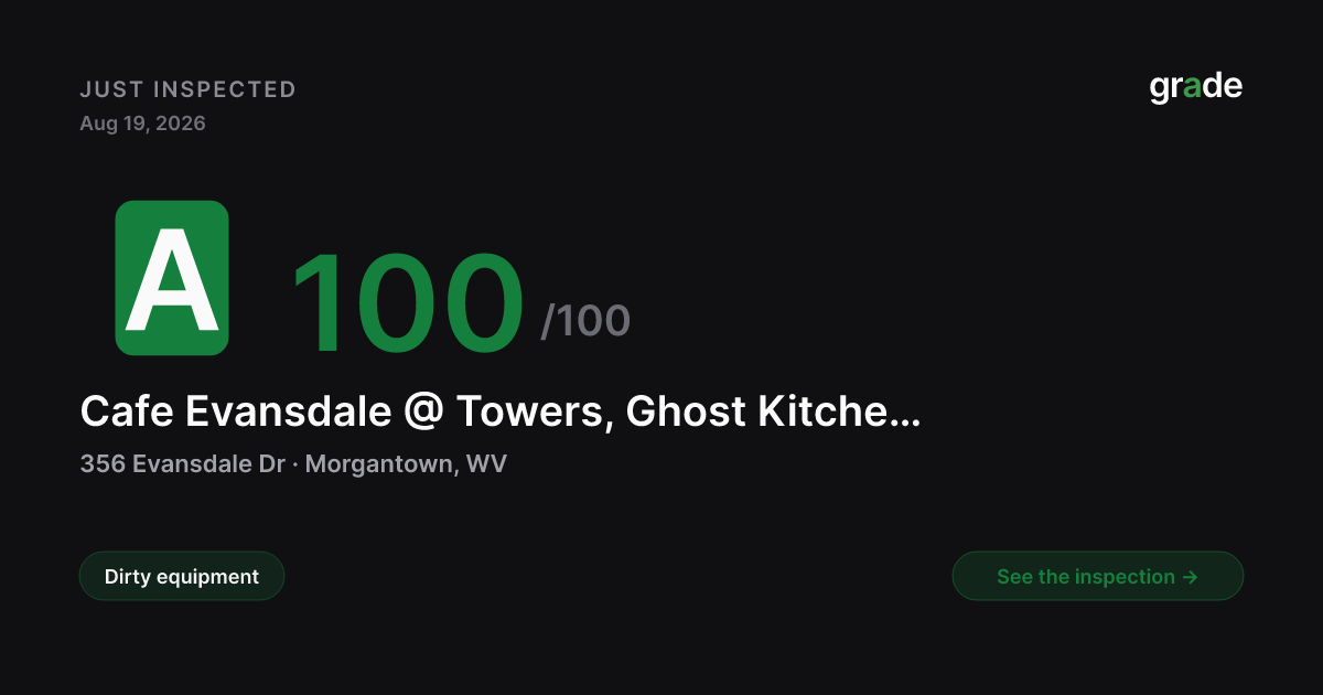 Cafe Evansdale @ Towers, Ghost Kitchen & Lyons Marketplace health score — Morgantown, WV | grade.food
