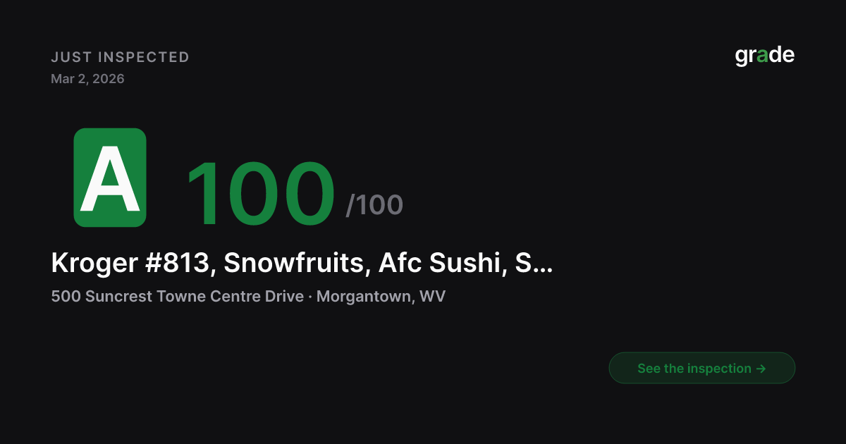 Kroger #813, Snowfruits, Afc Sushi, Starbucks health score — Morgantown, WV | grade.food