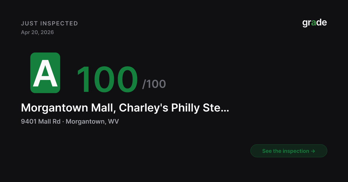 Morgantown Mall, Charley's Philly Steak, Auntie Anne's Pretzels, 32go, Sbarro, Dave's Famous T&L Hot Dogs, Fuji Grill, Amc Classic, Wong's Wok, Subway, Great American Cookies, Xi Cha health score — Morgantown, WV | grade.food
