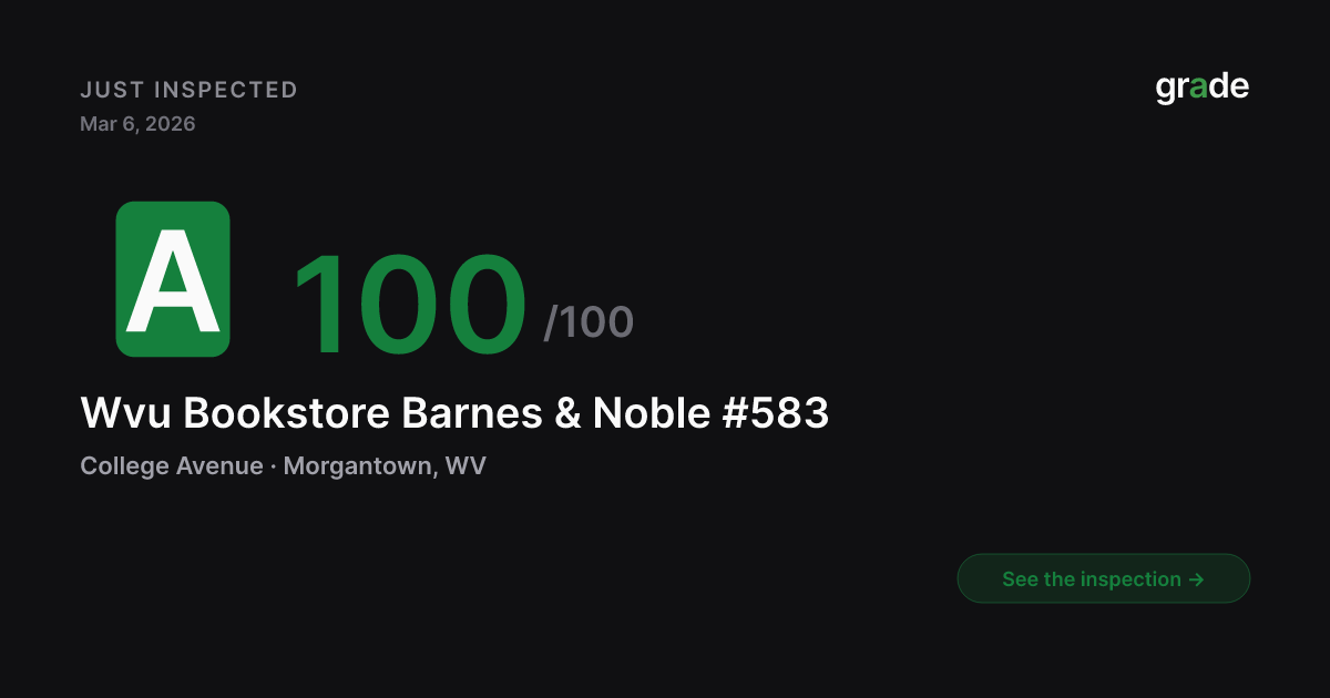 Wvu Bookstore Barnes & Noble #583 health score — Morgantown, WV | grade.food