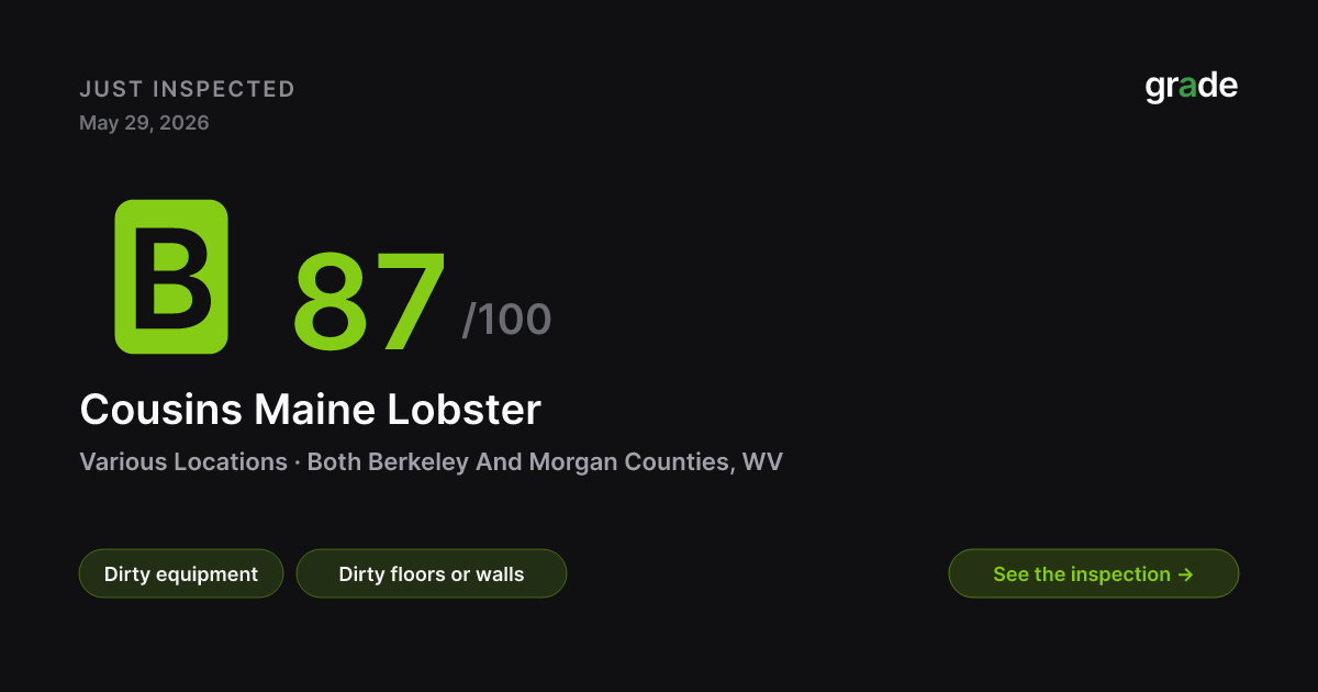 Cousins Maine Lobster health score — Both Berkeley And Morgan Counties, WV | grade.food
