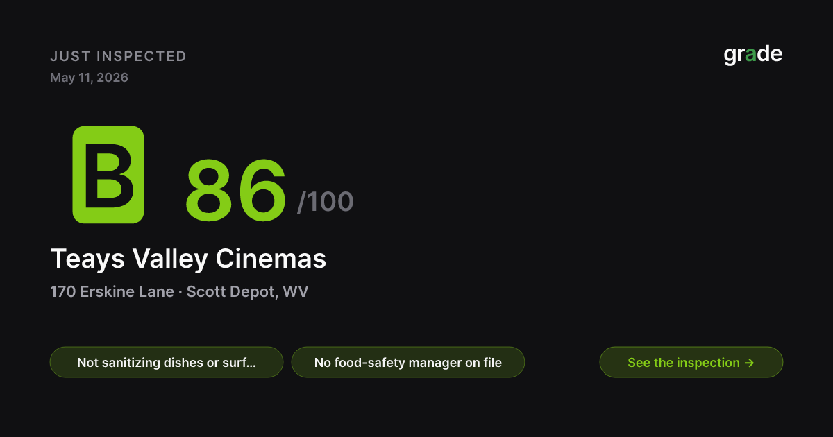 Teays Valley Cinemas health score — Scott Depot, WV | grade.food