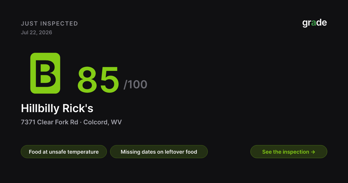 Hillbilly Rick's health score — Colcord, WV | grade.food