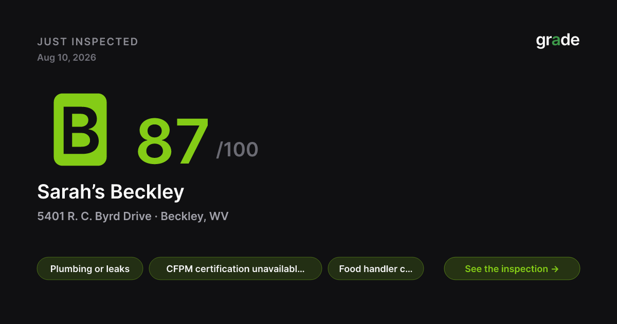 Sarah’s Beckley health score — Beckley, WV | grade.food